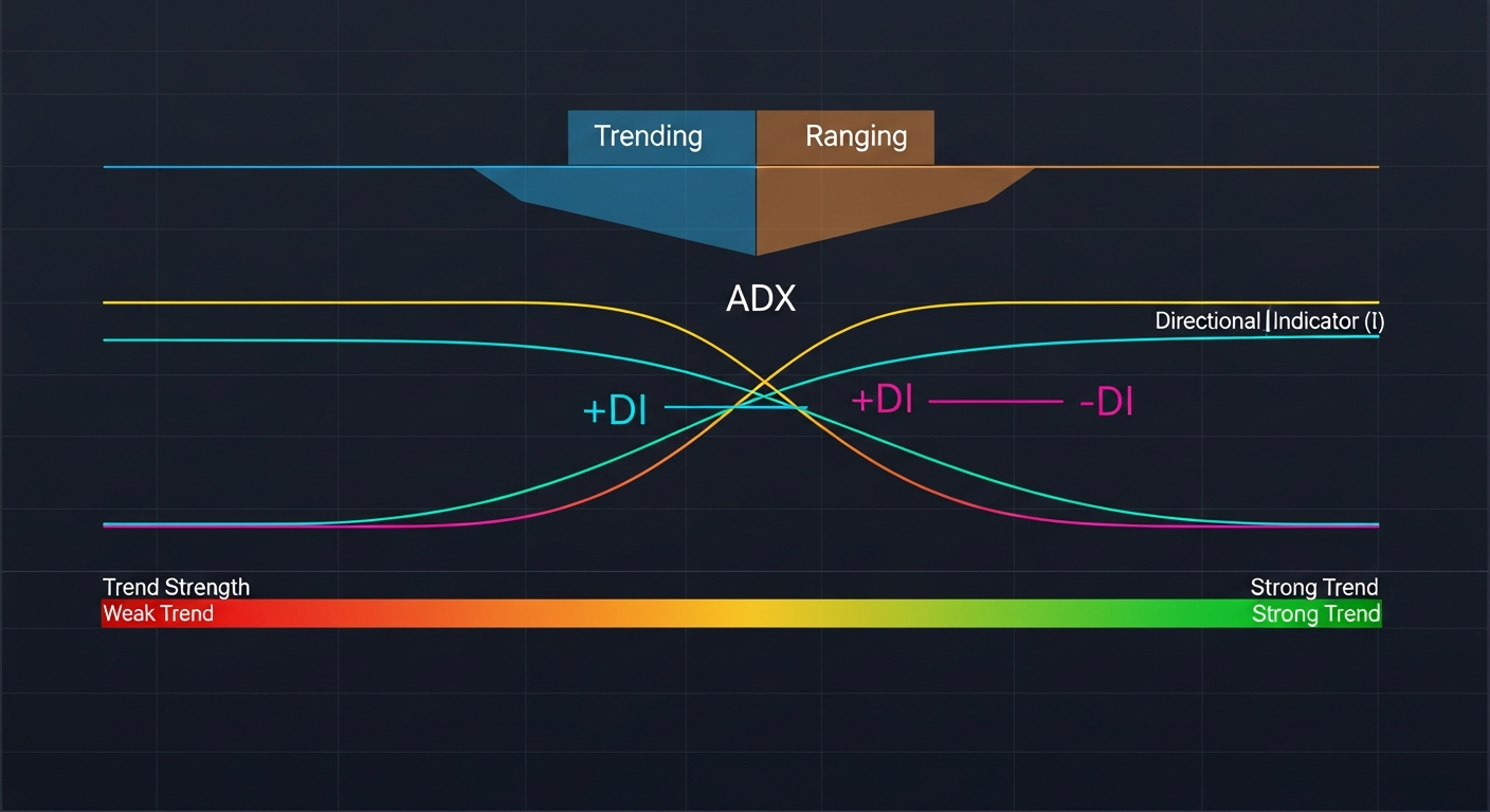 ADX indicator with plus DI and minus DI lines showing trend strength