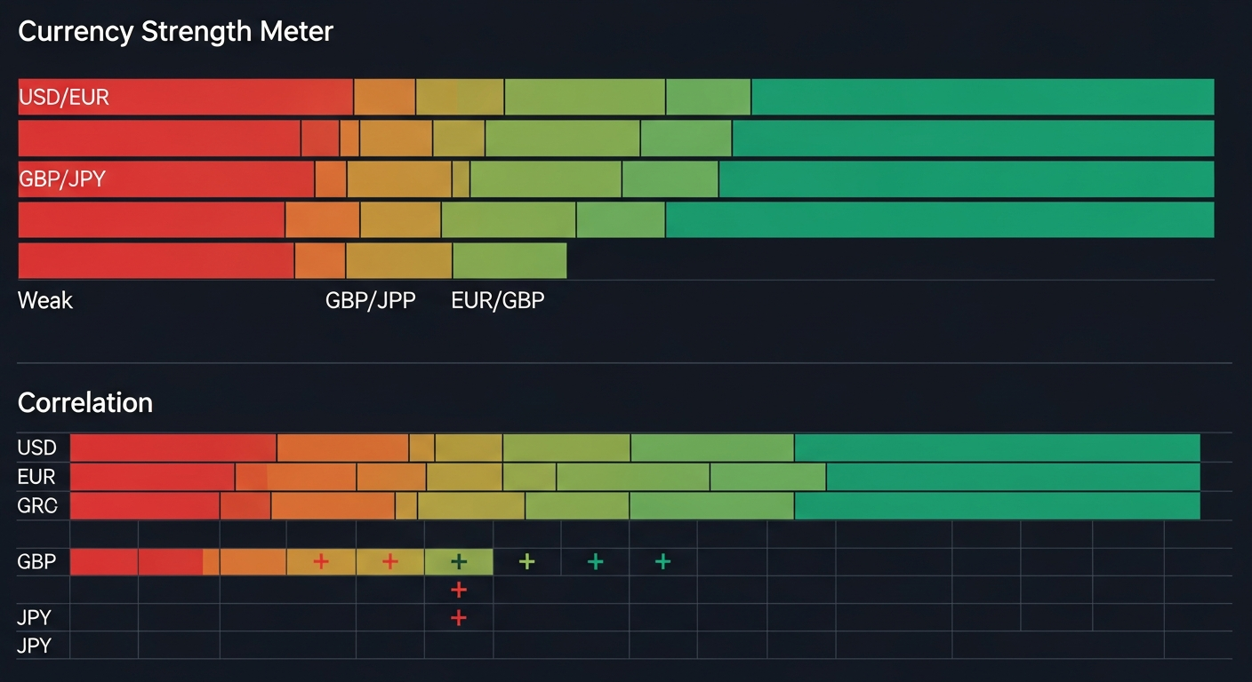 Currency strength meter dashboard comparing major currencies