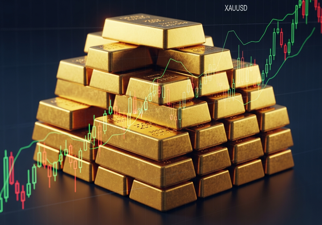 Gold bars and XAUUSD price chart