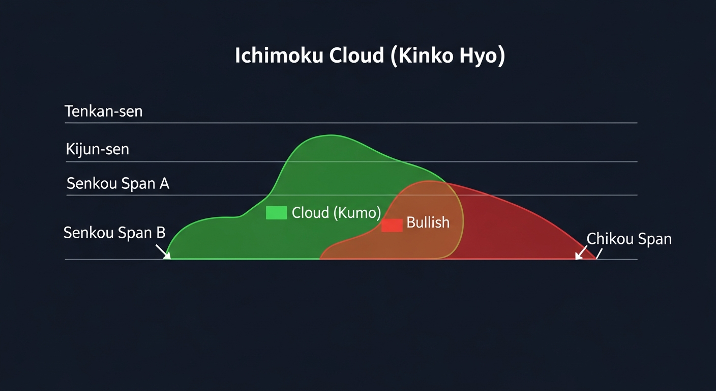 Ichimoku Cloud with all five lines: Tenkan, Kijun, Senkou A, Senkou B, Chikou