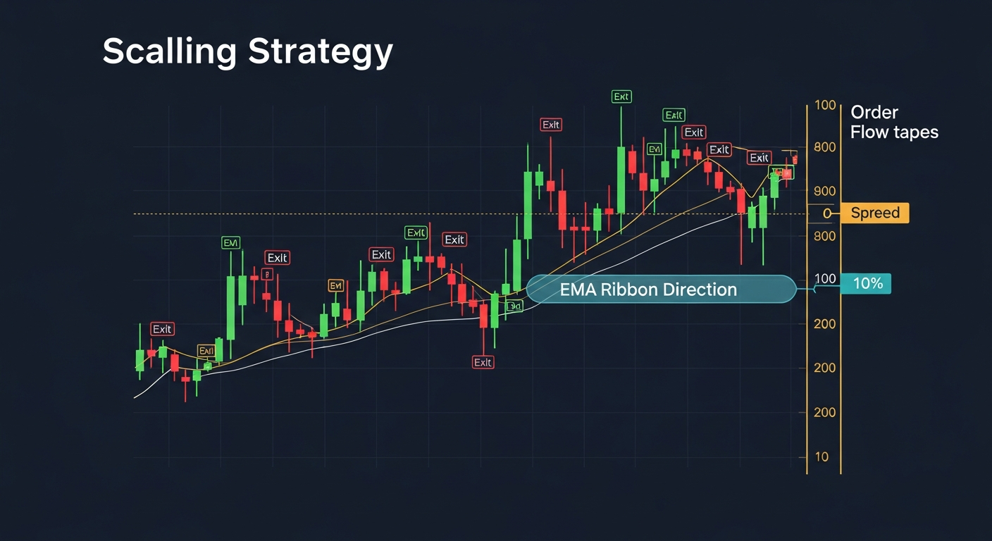 EMA ribbon scalping with rapid entry and exit arrows on 1-minute chart