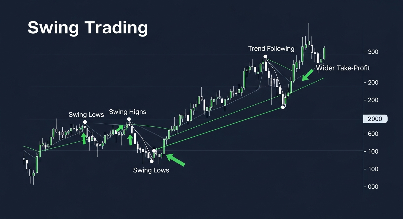 Swing trading entries at pullbacks with swing highs and lows marked