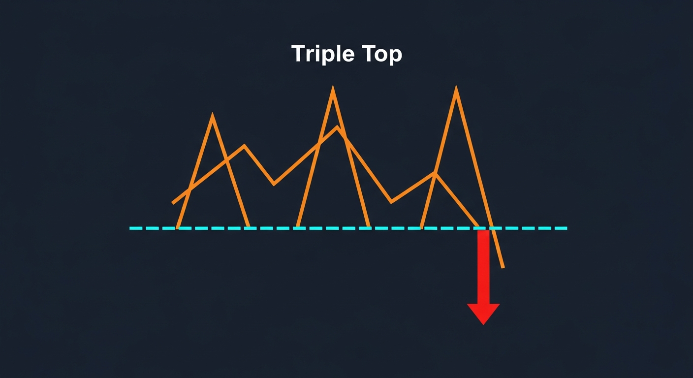 Triple top reversal pattern with three peaks at same resistance level