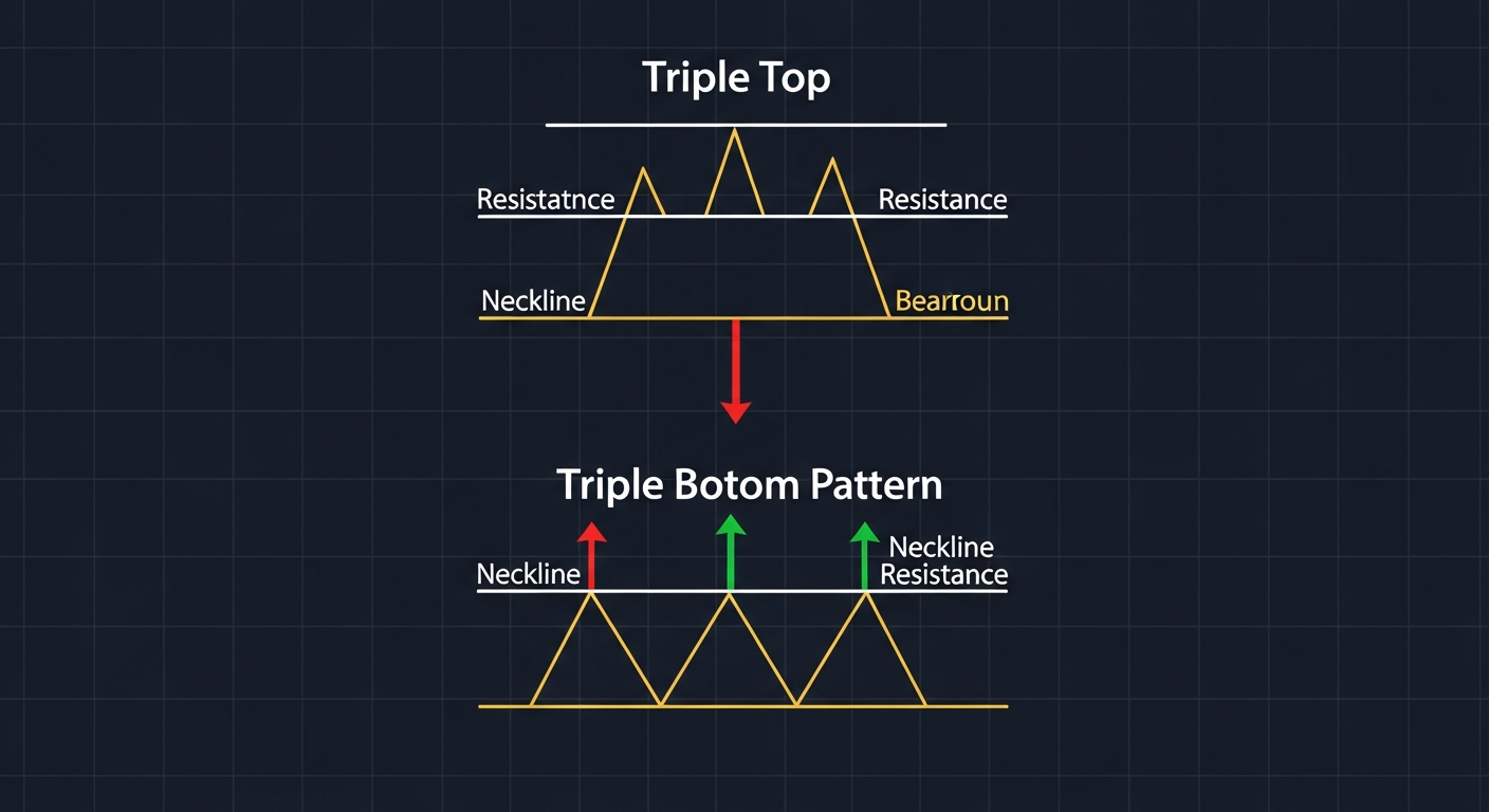 Triple top pattern with three equal peaks and neckline breakdown