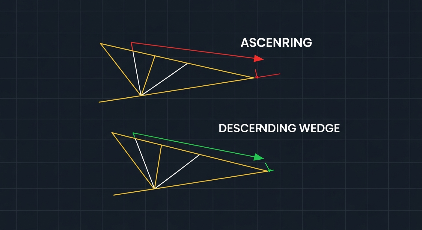 Ascending wedge pattern with converging trendlines and bearish breakdown